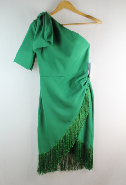 vestido verde asimetrico con flecos 